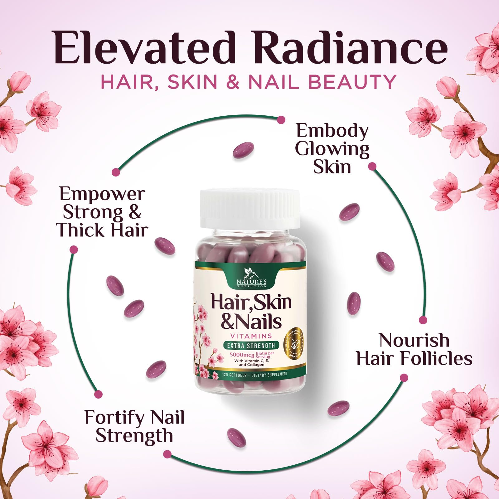 Hair Skin and Nails Vitamins for Hair Growth - Extra Strength Biotin 5000mcg, Collagen, Argan Oil & Hyaluronic Acid Multivitamin - Best Beauty Supplement for Women & Men - USA Bottled - 120 Softgels — Amazon image 5