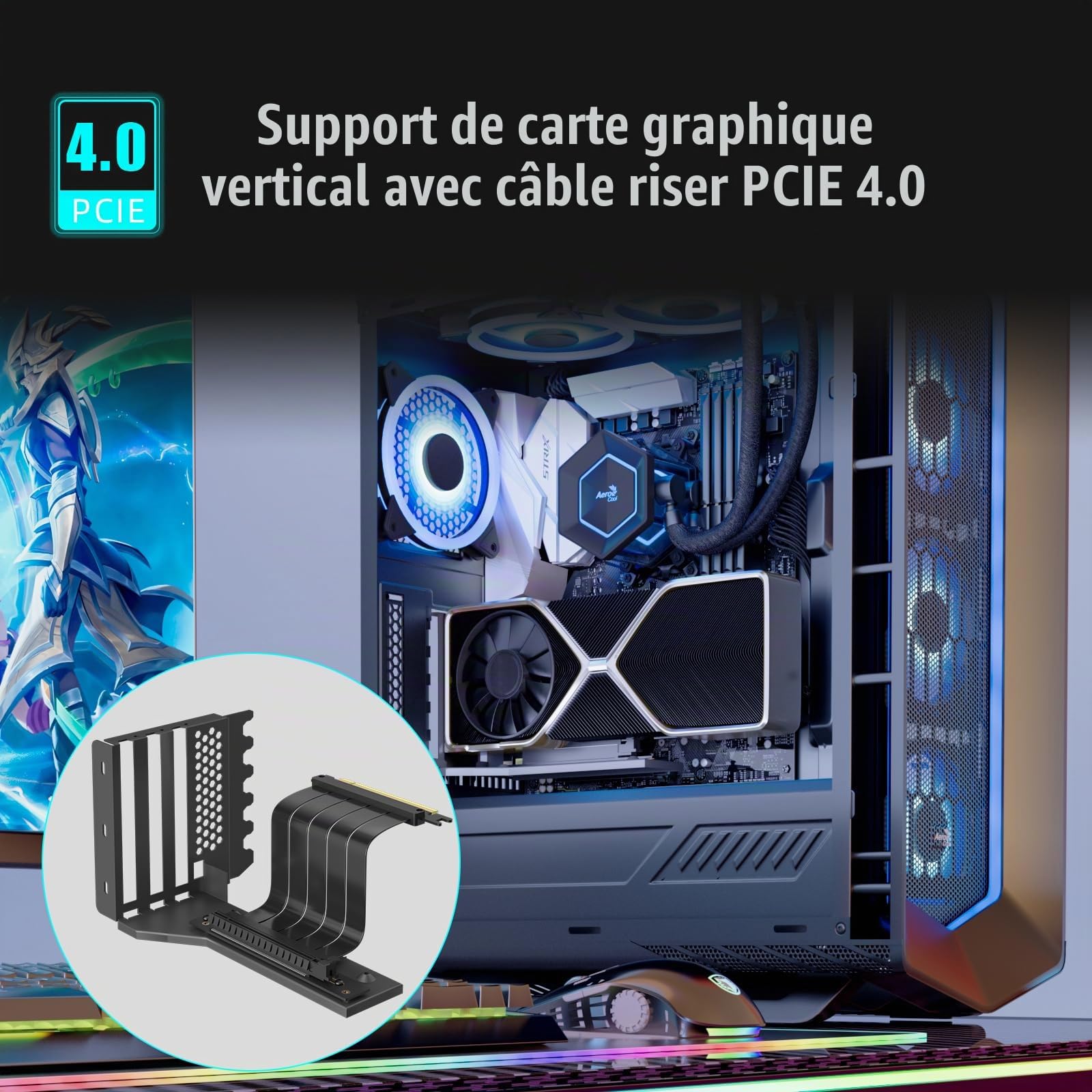 GLOTRENDS Support GPU 2 Slots avec 180mm PCIe 4.0 Riser Cable pour Montage Vertical du GPU, Compatible avec Les séries RTX 40/30 et Radeon RX7000/RX6000, boîtiers PC avec Design Ouvert PCI 7/8 Slots