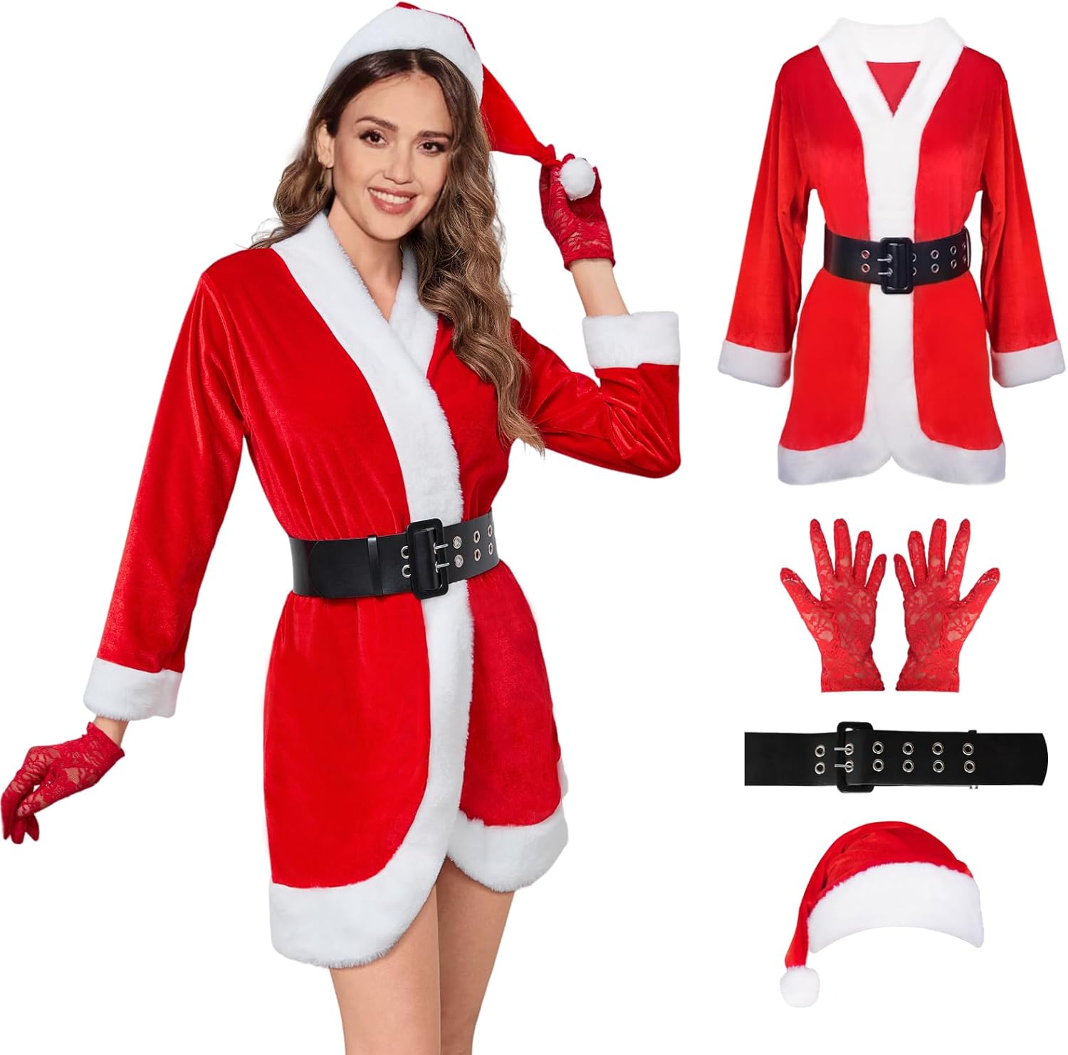 Women Santa Claus Costumes Velvet Christmas Girl Outfit Dress for Cosplay Fancy Costume with Belt and Hat (Red)