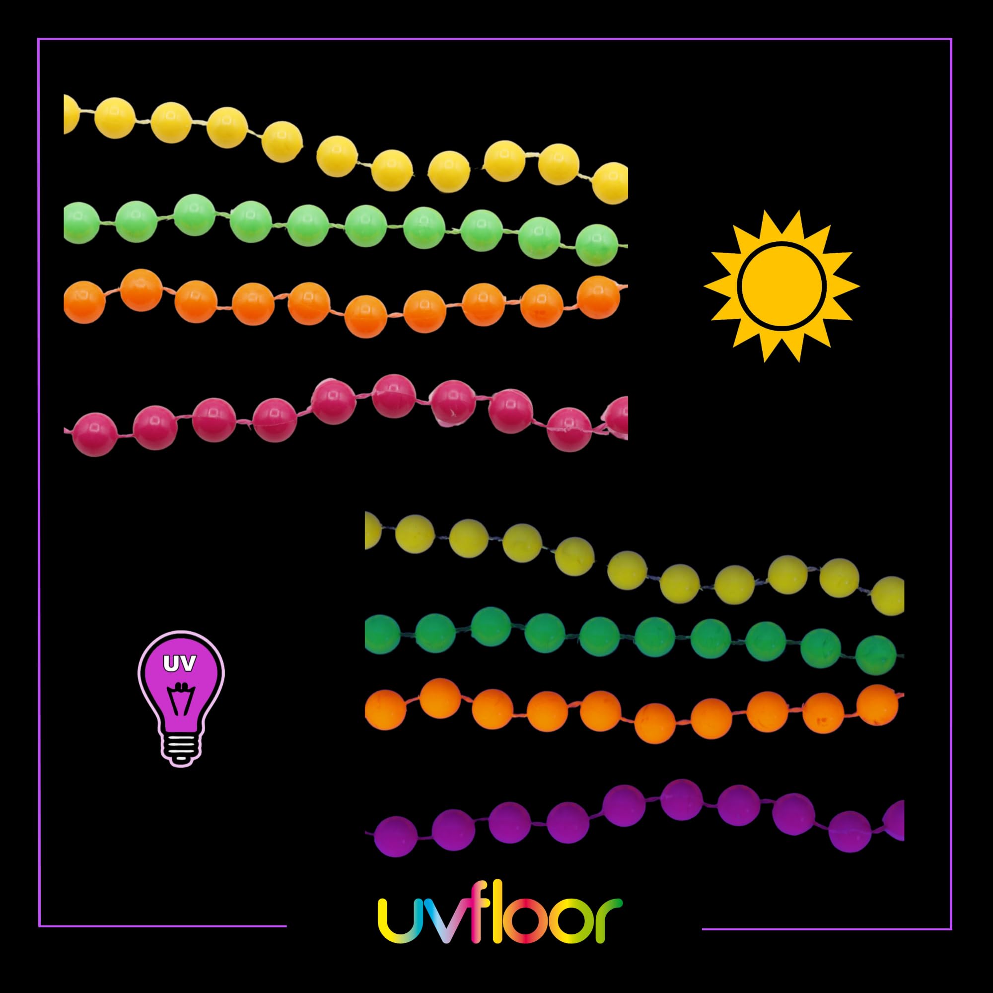 UV FLOOR – neonowe fluorescencyjne łańcuszki z pereł, zestaw 4 sztuk, specjalne światło czarne i ultrafioletowe, jaskrawe - akcesoria fluorescencyjne, Rozmiar uniwersalny, Perła, Bez kamieni