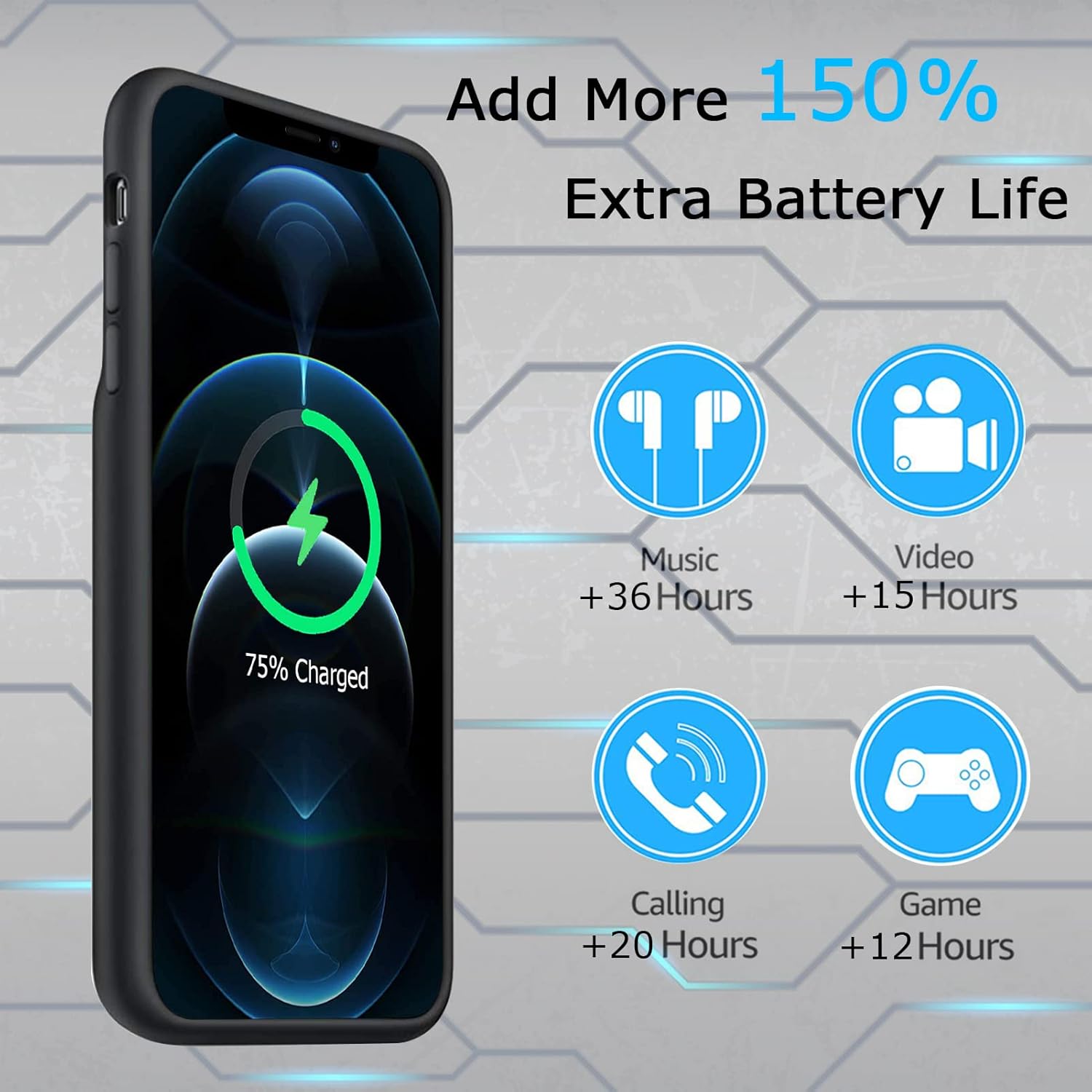 Battery Case for iPhone 12 Pro Max, Upgraded 12000mAh Rechargeable Portable Extended Battery Pack Supported Qi Wireless Charging Case Compatible with iPhone 12 Pro Max (6.7 inch) Charger Case (Black)