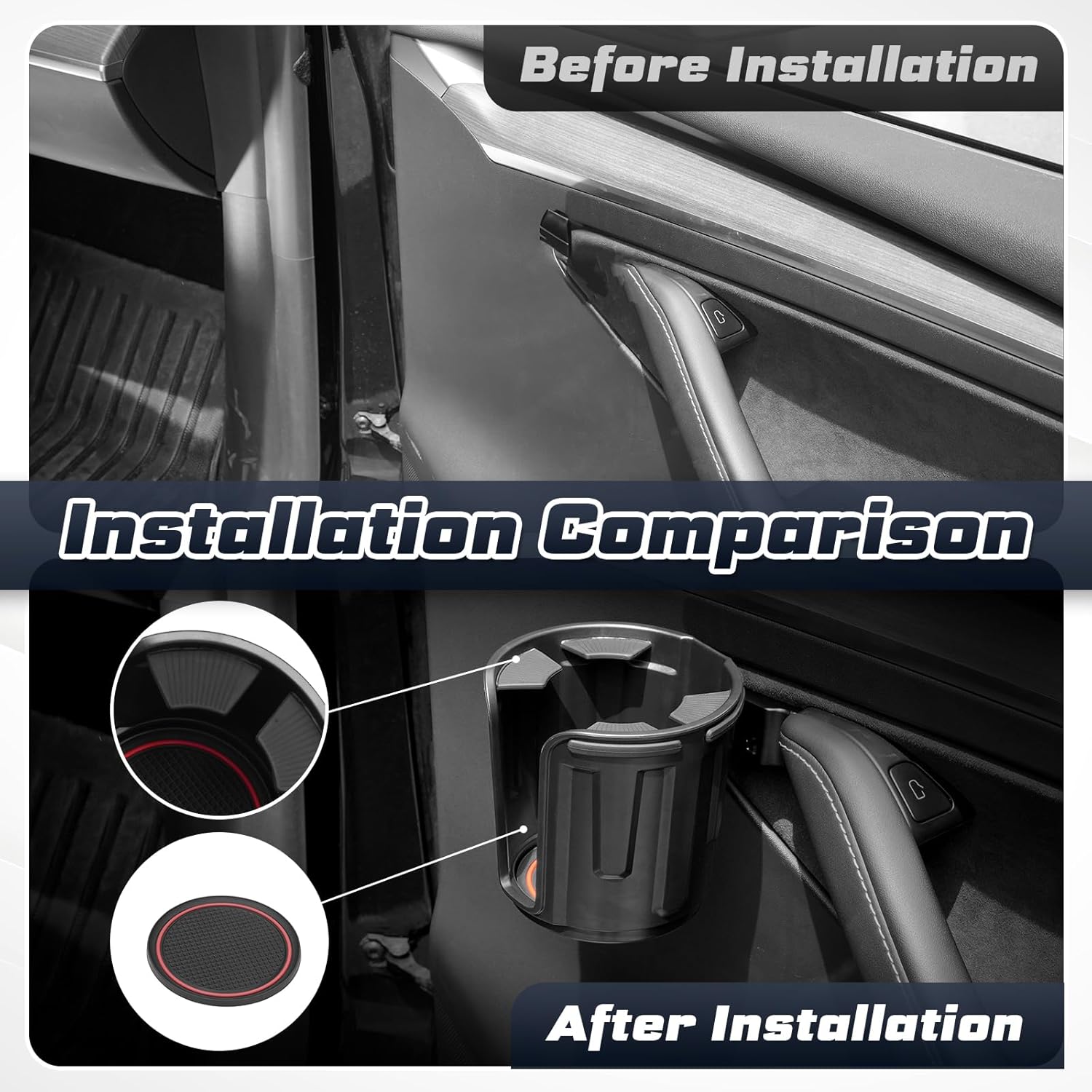 Shademax Set of 2 Car Cup Holder for Tesla Model Y 2020-2025 / Model 3 2017-2023 Left&Right Side Door Cup Holder with Rubber Coaster Model Y/3 Accessories Compatible with 2.95"-3.7" Cups Bottles