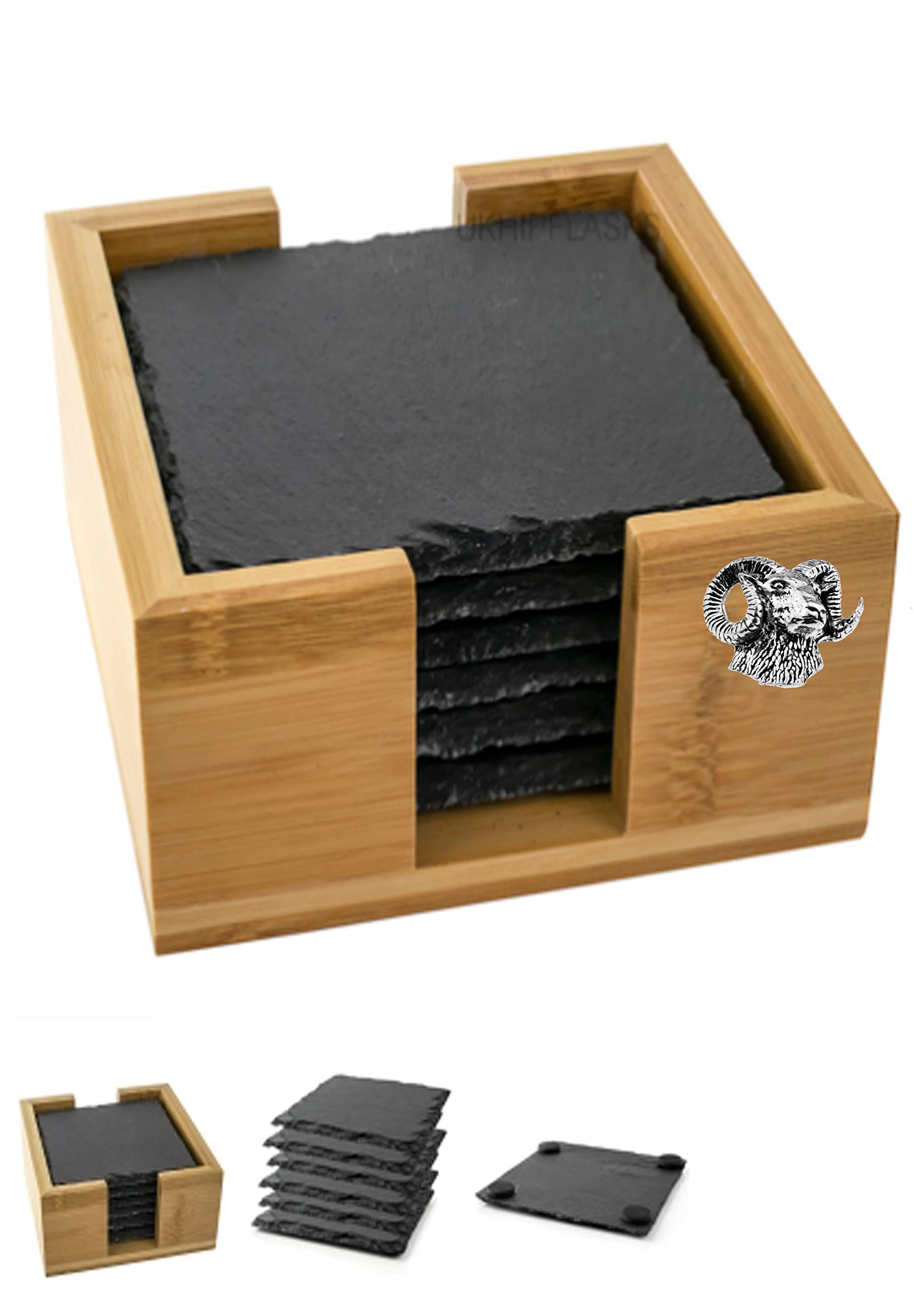 Dessous de verre carrés ardoise A52 Mouflon support bambou protège table salon