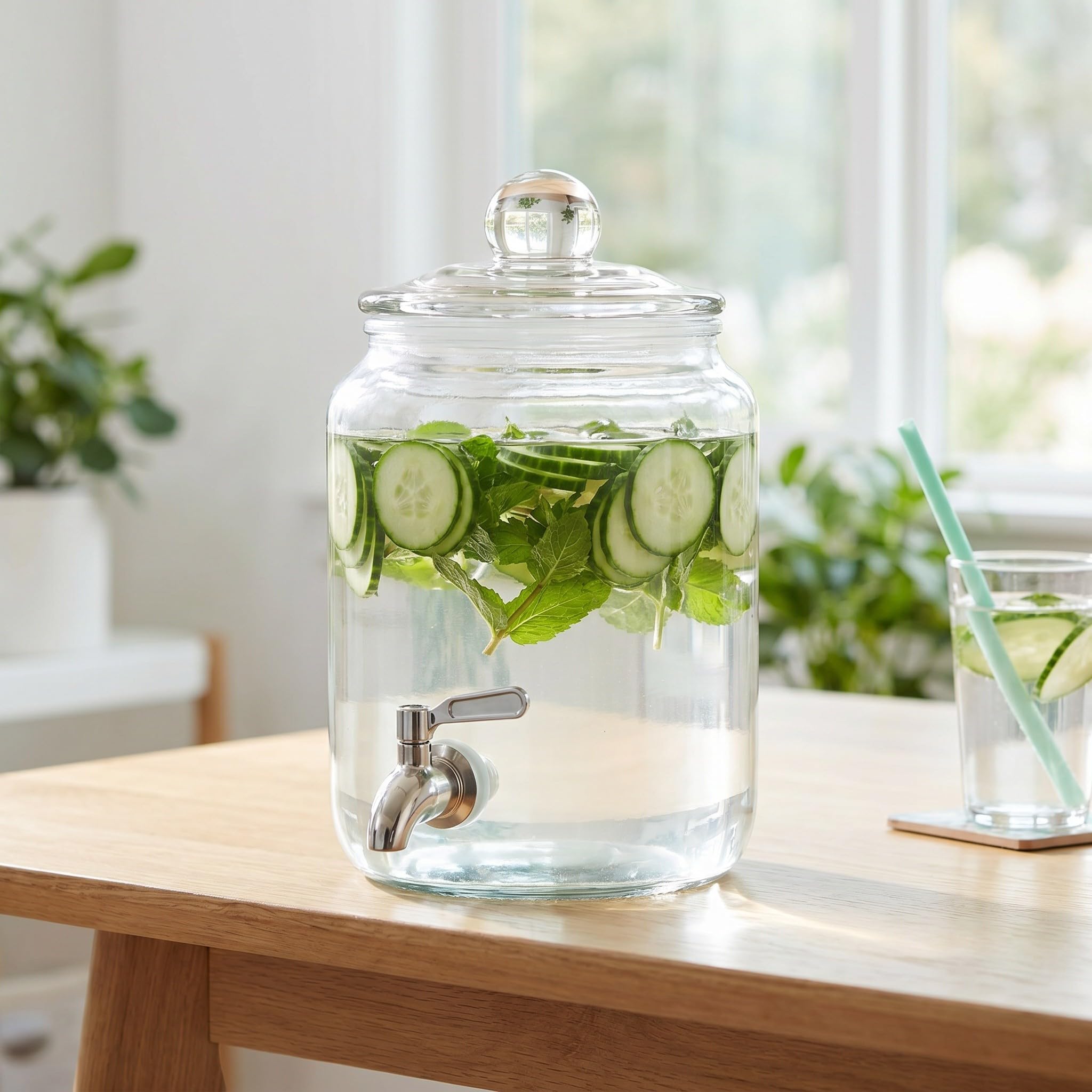 OUNONA Getränkespender aus Glas | Luftdichter Deckel & Edelstahl-Zapfhahn | 1,5 l / 0,4 Gallonen Glas-Getränkespender | Ideal für Limonade, Wasser, Saft, Hochzeiten, Partys, Picknicks und Zuhause