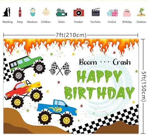 Miniatura 2 de Lofaris Cartón de cartón de 7 x 5 pies con temática de camión de feliz cumpleaños, monstruo para niños, fondo de feliz cumpleaños, fotografía,