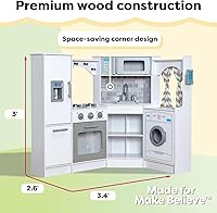 Vista 8 de KidKraft Ultimate Corner Wooden Play Kitchen with Lights & Sounds, Play Phone and Curtains, White