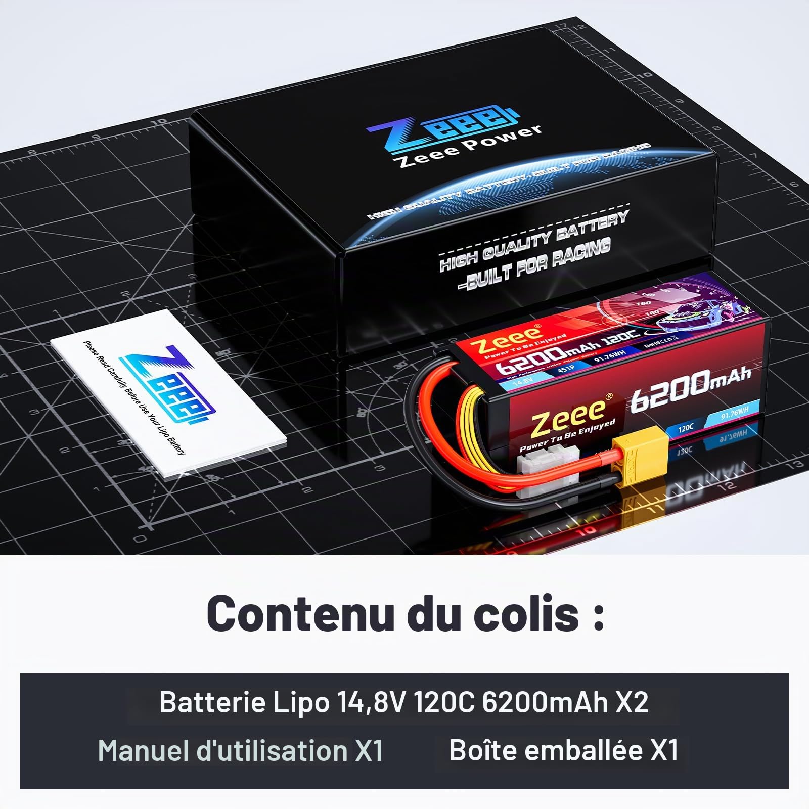 Zeee 4S Lipo 6200mAh 14.8V 120C Hardcase avec Prise XT90(2 Paquets)