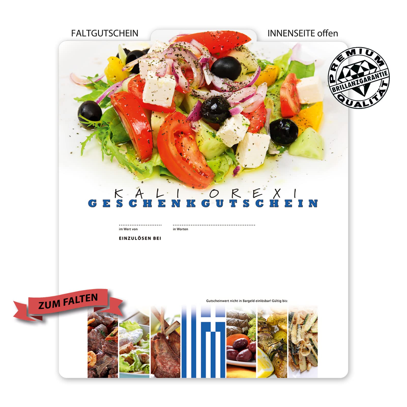 Faltgutscheine. 25x Gutschein + Kuvert. Für griechisches Restaurant mit glänzender Vorderseite.