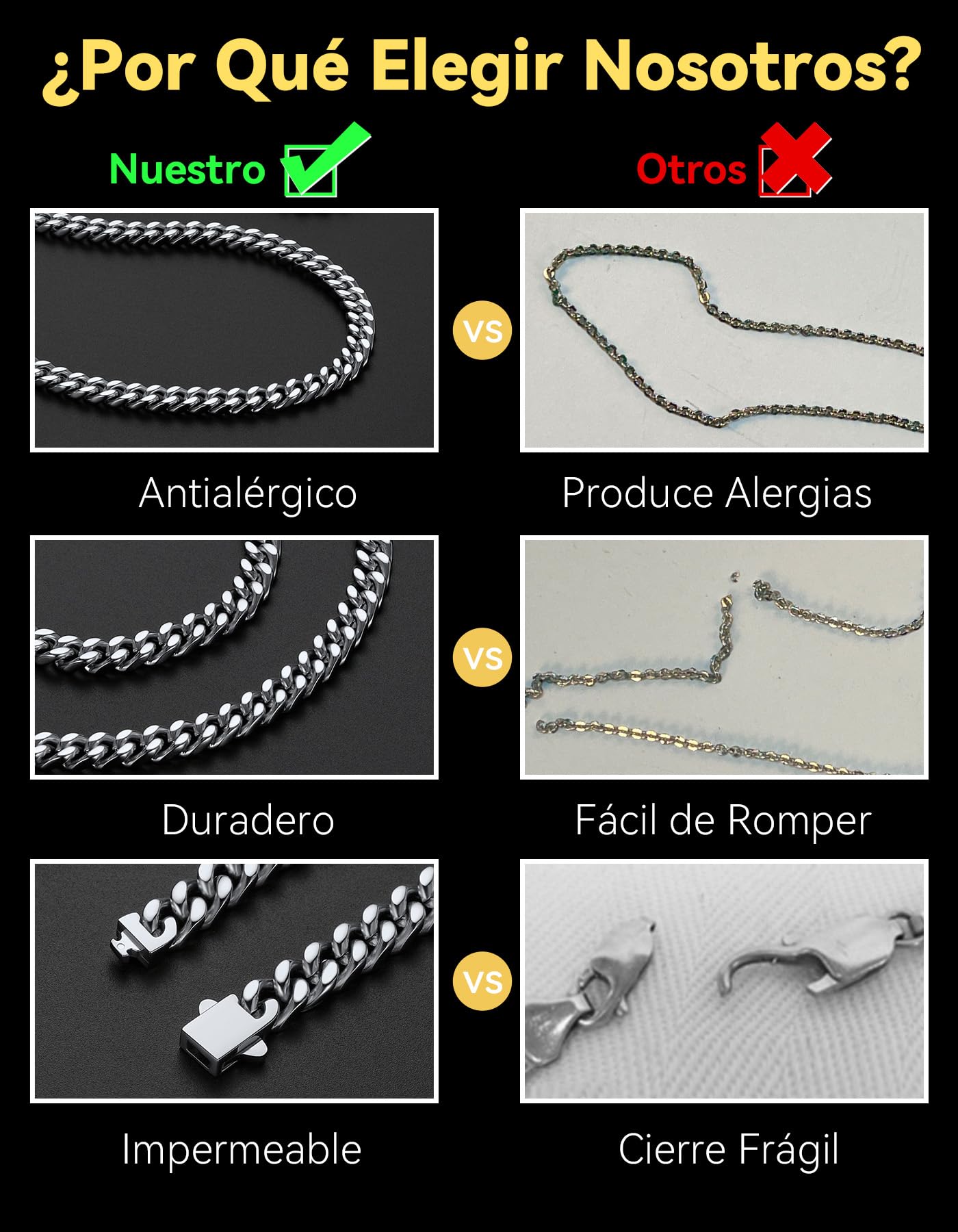 ChainsHouse Collares de Cadenas Barbadas Cierre de Seguridad Oculto, Collar Unisex 5/7/9/12 mm Ancho 46/51/55/61/66/71/76 cm Largo Acero Inoxidable