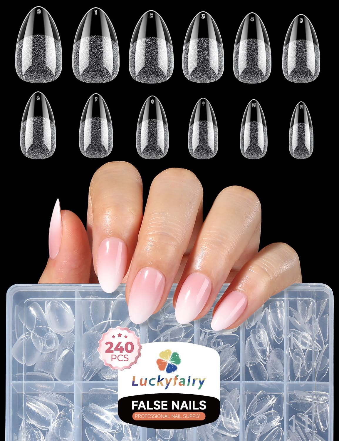 Luckyfairy Short Almond Nail Tips, 240pcs Pre-Etched X-SOFT Gel Nail Tips