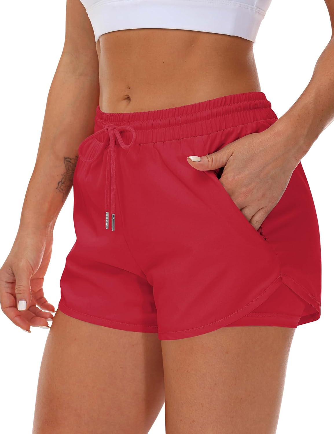 Mancreda Women's Running Shorts with Liner 3 Zipper Pockets Elastic Workout Athletic Gym Yoga Shorts - Image 2