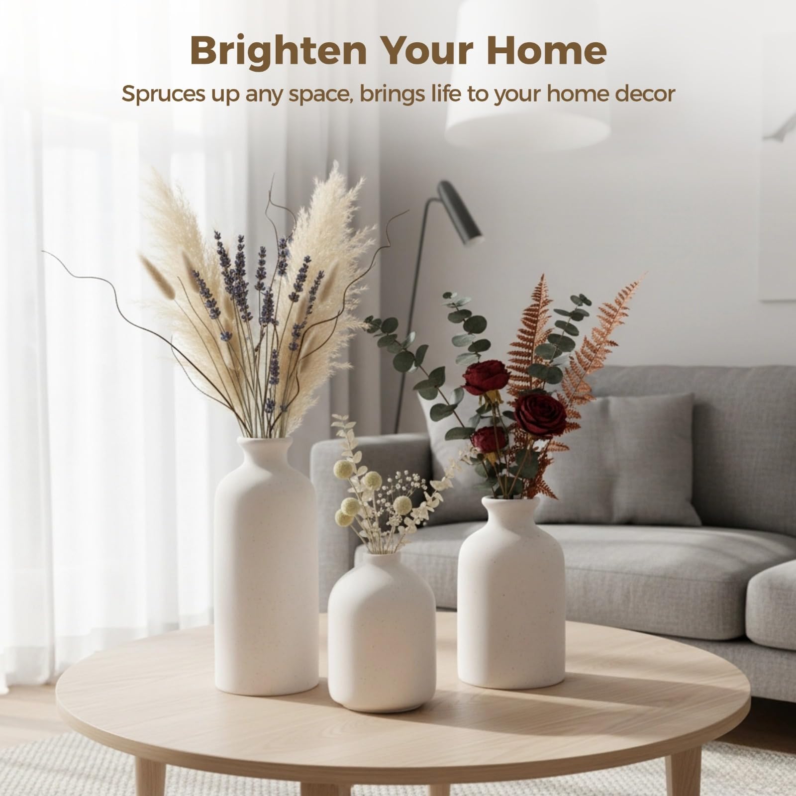 Keramikvasen-Set, modern, Boho-Stil, dekorative Blumenvasen für Pampasgras und Trockenblumen, 3 Größen für Heimdekoration, Wohnzimmer, Eingangsbereich, Regale, Weiß, 3 Stück