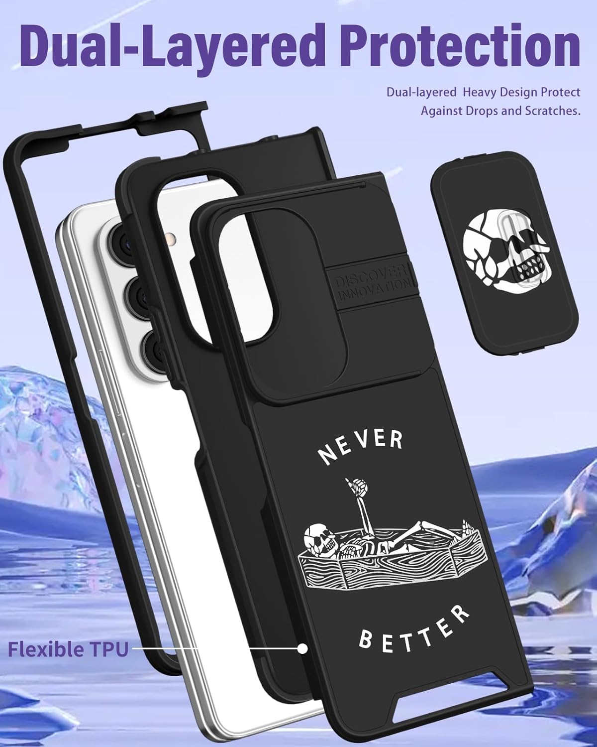 Goocrux for Samsung Galaxy Z Fold 6 Case - Women Girls Cute Phone Cover Girly Pretty Skull Skeleton Unique Cool Design with Slide Camera Cover for Samsung Z Fold 6 Case