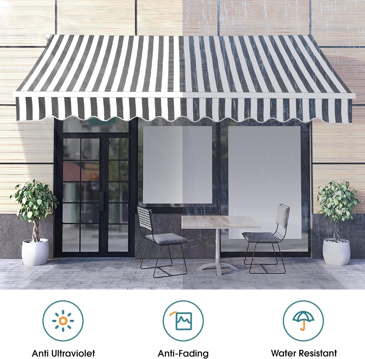 Outdoor Waterproof Retractable Patio Awning Replacement Fabric Canopy - Blue White Stripes(6.5x1.5meters)