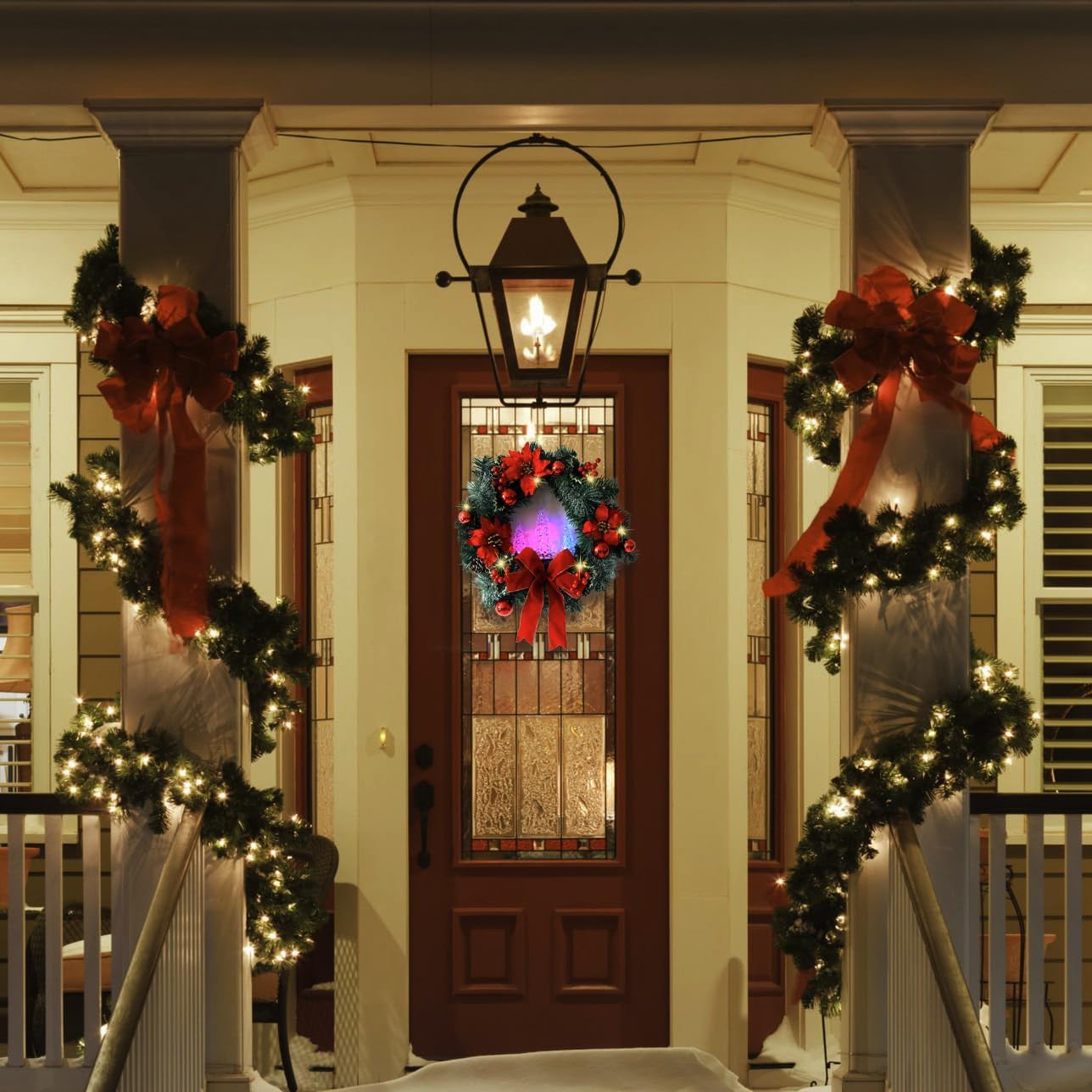 20" Lighted Christmas Wreath with Color-Changing LED Tree, Poinsettia Front Door Wreath for Indoor Outdoor Holiday Décor, 5 Light Modes