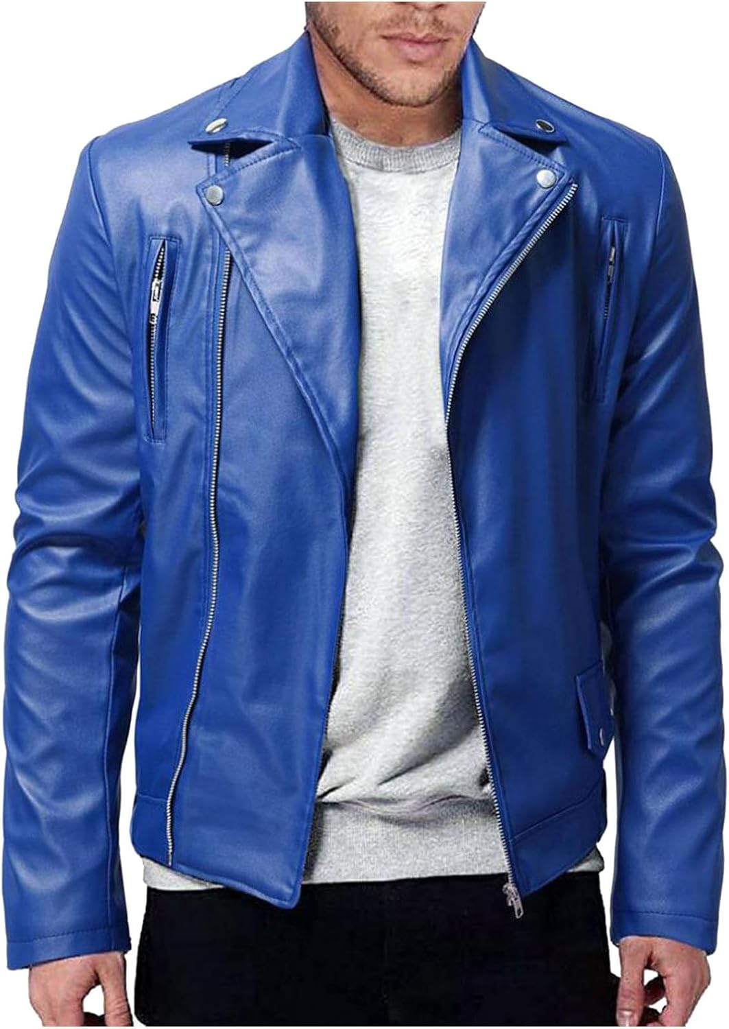 Mens Cropped Leather Jackets Motorcycle Faux Bomber Jacket Punk Windproof Coat Lapel Asymmetric Zip-Up Biker Coats
