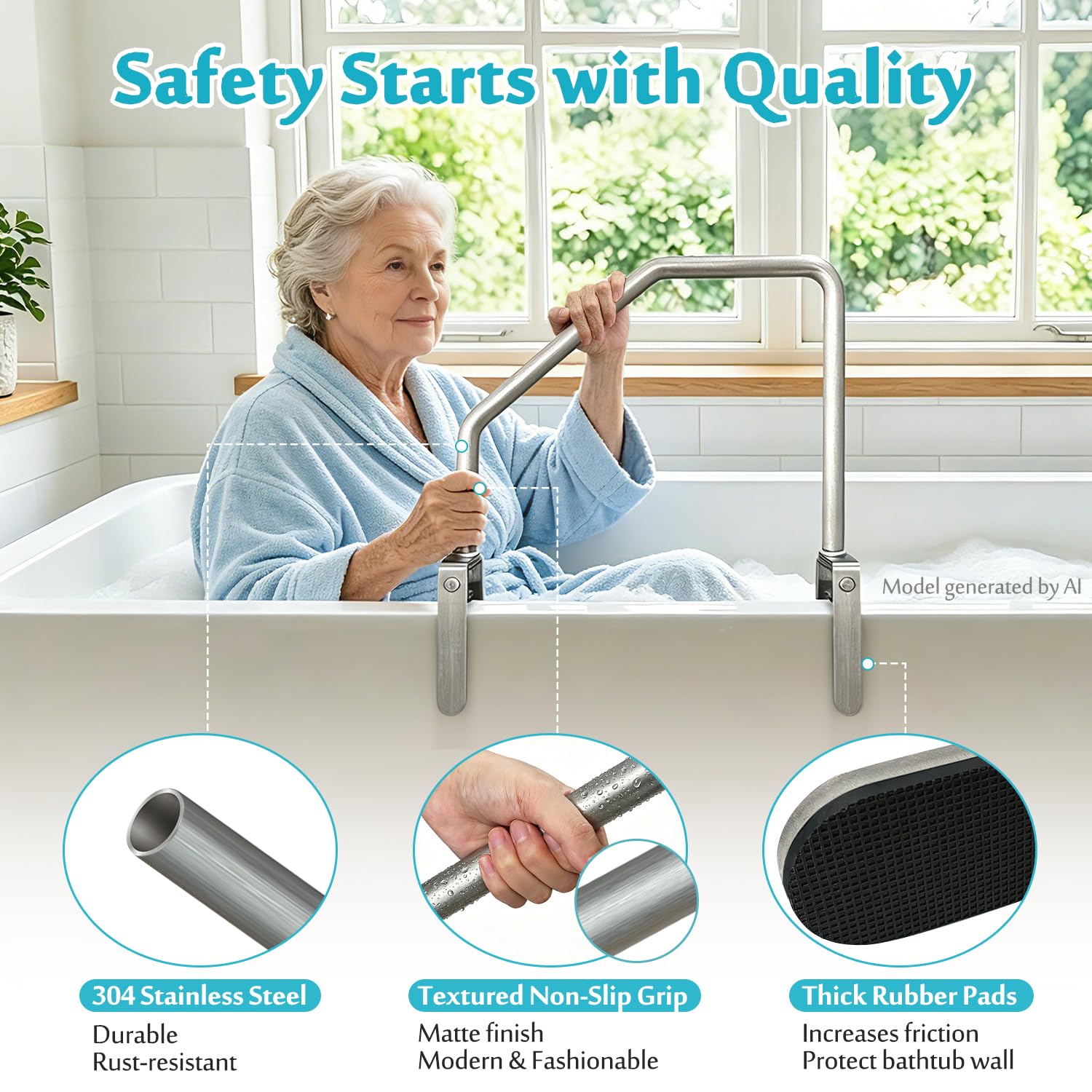 Barra de agarre de seguridad para personas mayores, barra de agarre de seguridad sin taladro, rieles de bañera ajustables para adultos mayores, barra de agarre para ducha, barandilla de bañera para