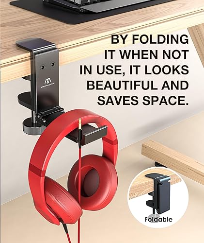 Miniatura 2 de Gancho de soporte de auriculares para escritorio, soporte plegable para auriculares debajo de la mesa con organizador de clip de cable integrado,