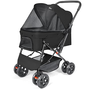Pet Stroller for Dogs, Foldable Travel Carrier with Storage Basket, 4-Wheel Design, Green Black