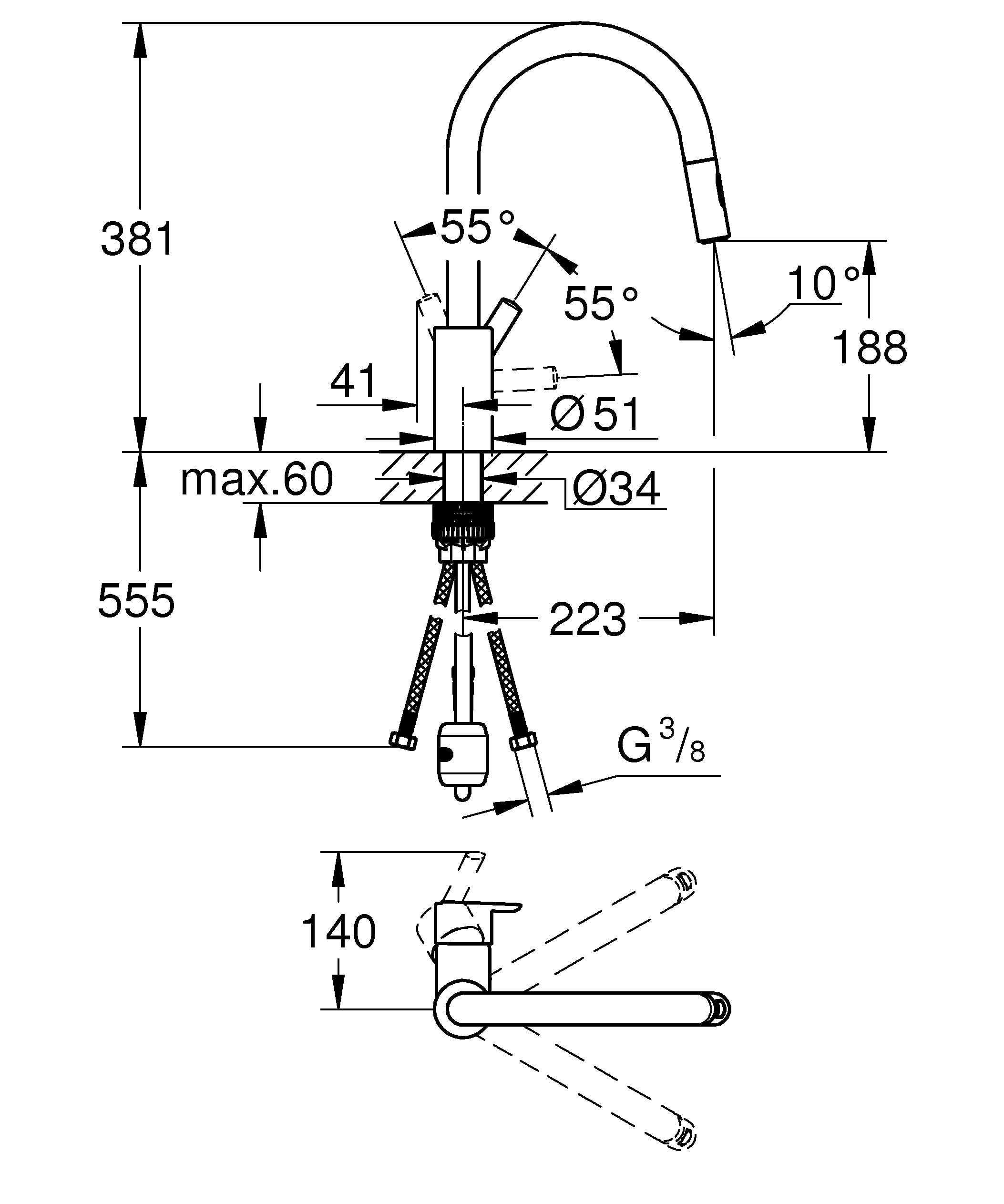 GROHE Robinet mitigeur de cuisine évier Feel, Douchette extractible, Rotation 360°, Bec en U, Inverseur 2 jets, Installation et nettoyage facile, Chromé, 31486001 (Import Allemagne)