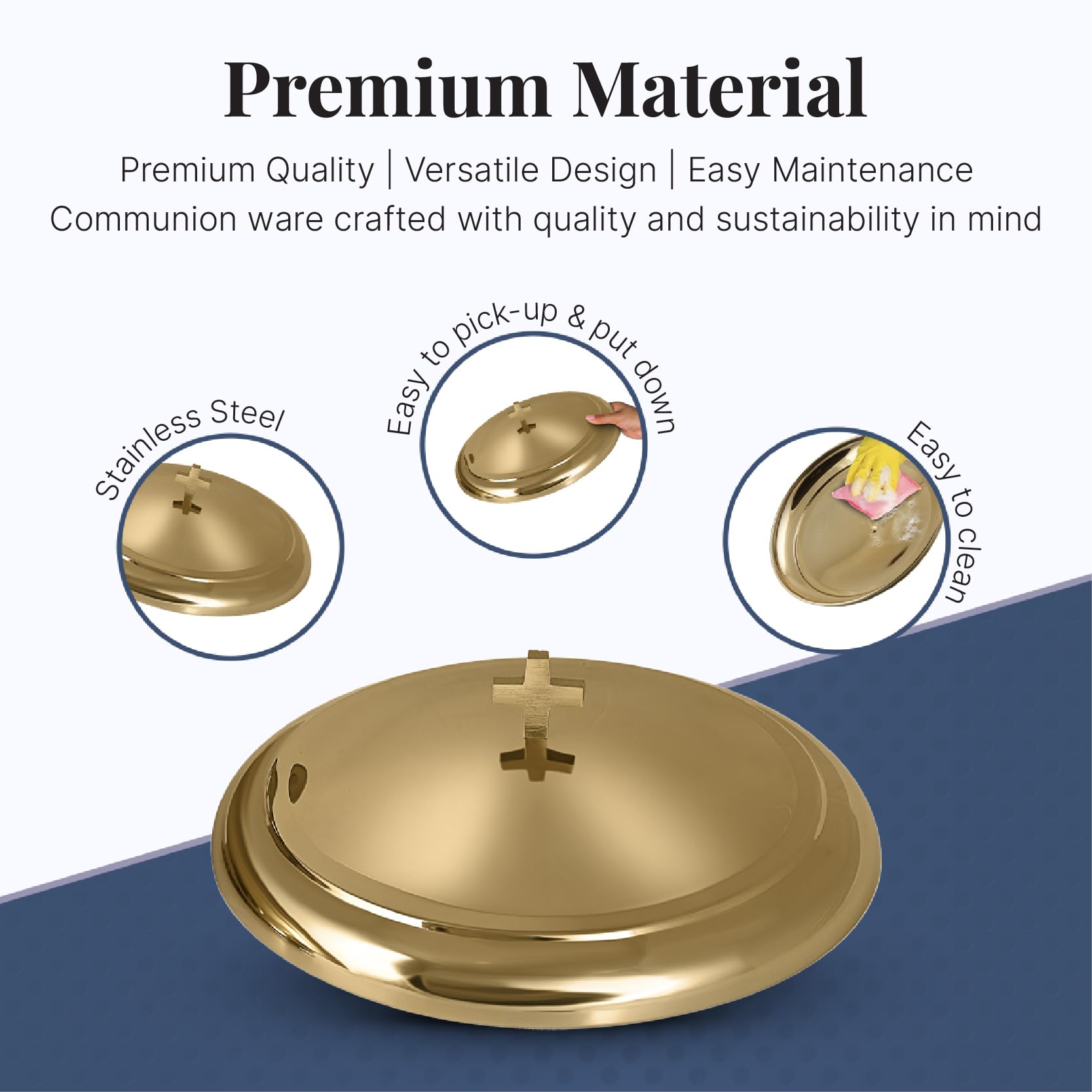 Couvercle de plateau de communion | Couvercle de plateau sacré pour églises | Acier inoxydable – Finition brillante (doré)