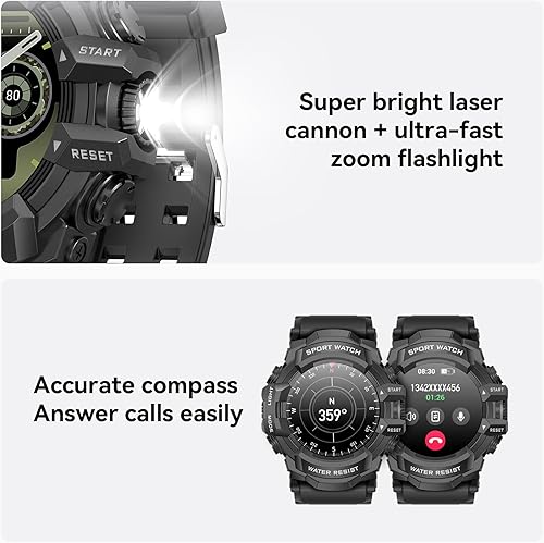 Miniatura 3 de MIDDOW Reloj inteligente militar con linterna (respuestahacer llamada), brújula, podómetrofrecuencia cardíacasueñomás de 100 modos deportivos,