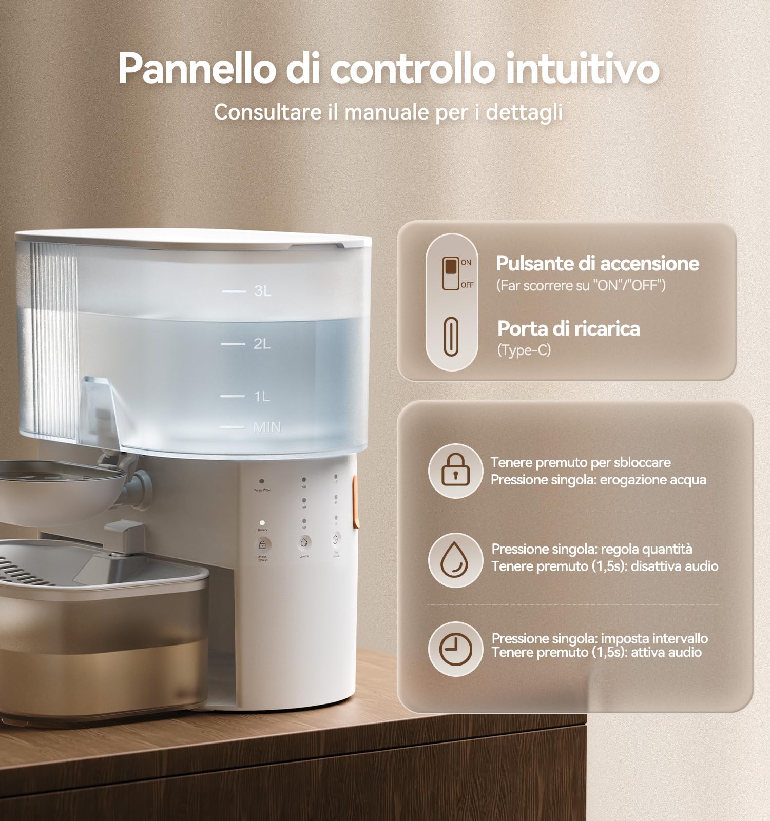FEELNEEDY Fontanalla per Gatti Senza Filtro E Senza Fili A Batteria da 2000mAh, Separa L'acqua Pulita Da Quella Usata, Ciotola in Acciaio inox, Fontana per Gatto 3.5L, Bianca