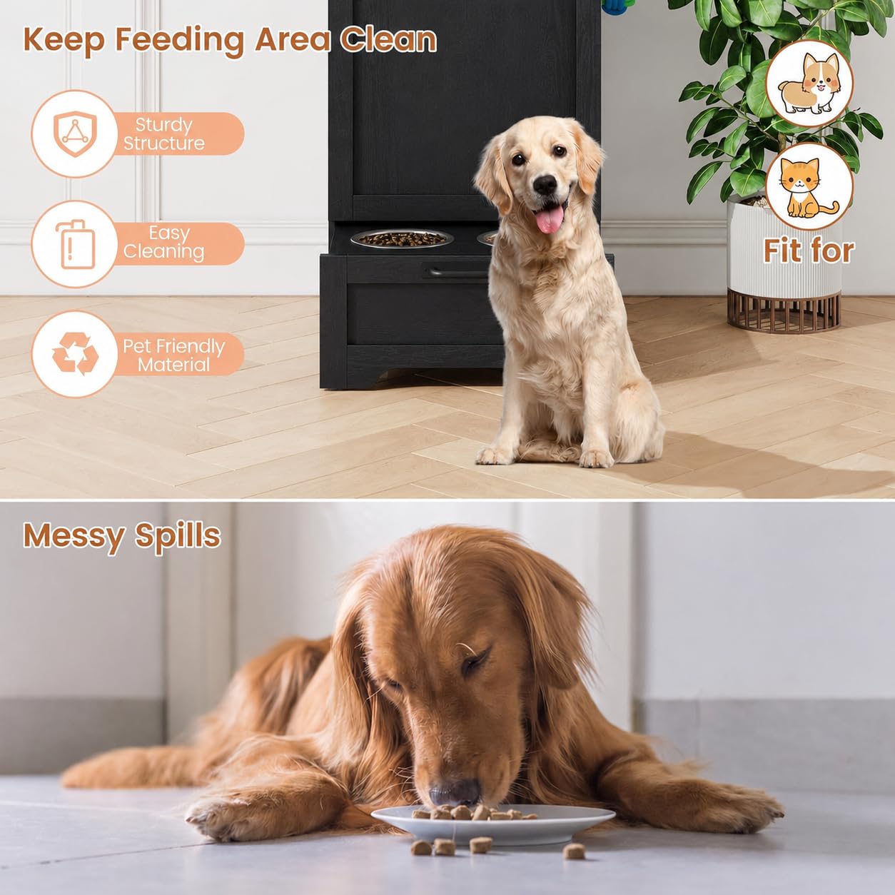 IDEALHOUSE Hundefutterstation Erhöht, Mit Edelstahlnäpfen & Stauraum | Erhöhte Hundefutterstation mit 2 Edelstahlnäpfen, Stauraum, Wendedeckel, Organizer und Haken für Zubehör