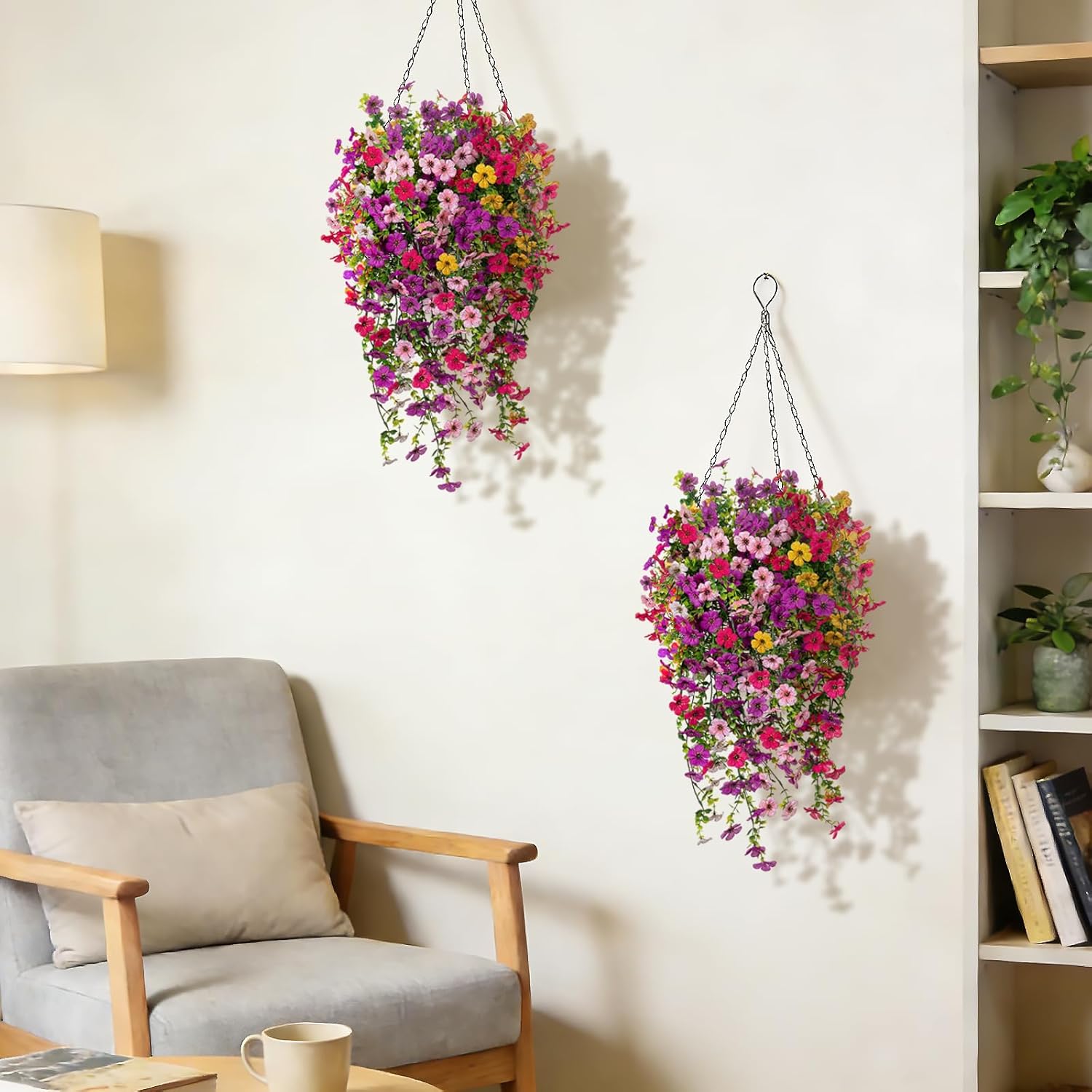 8PCS Artificial Hanging Fake Flowers for Outdoor Decoration Faux Silk Flowers Plants for Outdoor Outside Planter UV Resistant Daisy with Eucalyptus Leaves, Porch Front Door Patio Balcony Yard Décor