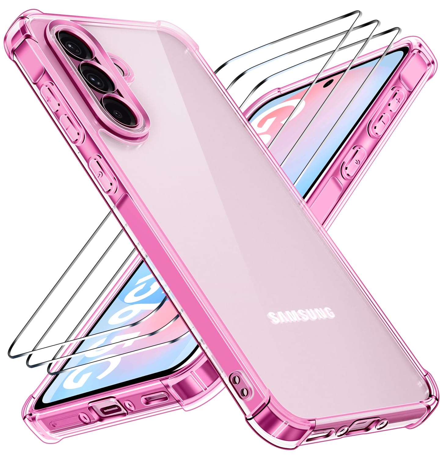 ivoler Nie Vergilbung Klar Hülle für Samsung Galaxy A56 5G mit Stoßfest Schutzecken, 1 Handyhülle mit 2 Stück Panzer Schutz Glas, [Militärischer Schutz] Transparent Schutzhülle Dünn Case - Rosa