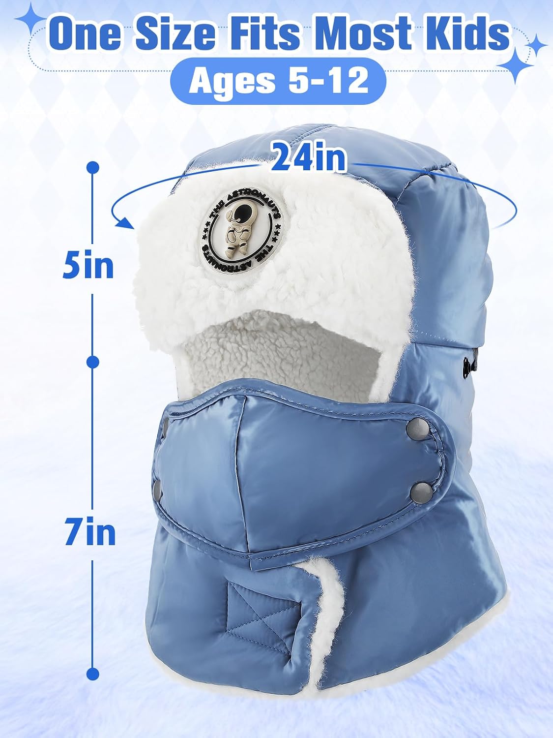 3-Layer Warm Kids Winter Trapper Hat - Windproof Fabric Soft Lining, Boys Girls Winter Hat with Ear Flaps, Mask for Age 5-12