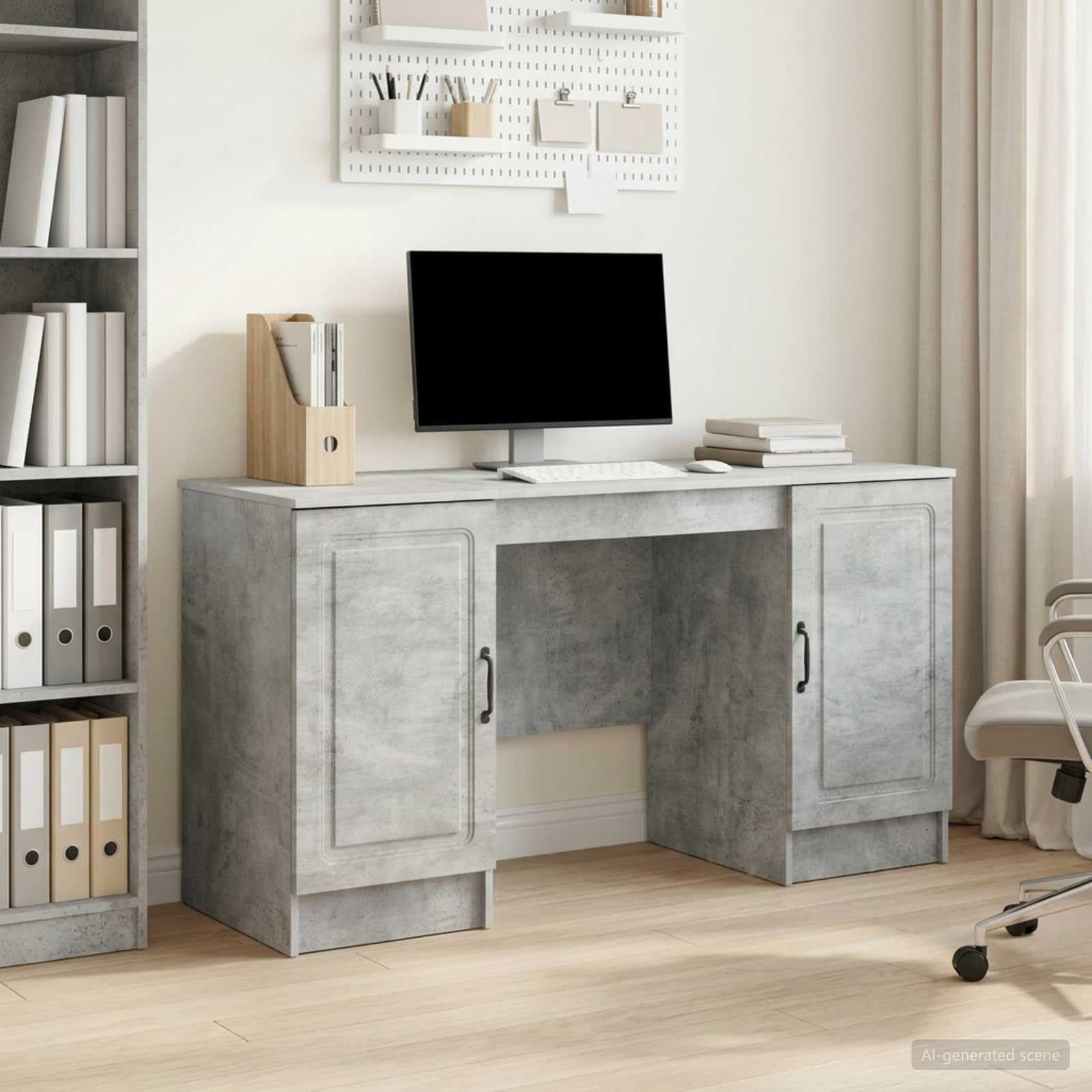 Scrivania con Libreria Grigio Cemento 142,5x50x75 cm | Mobile porta PC salvaspazio per studio e ufficio con quattro ante e ripiani interni per organizzare documenti.
