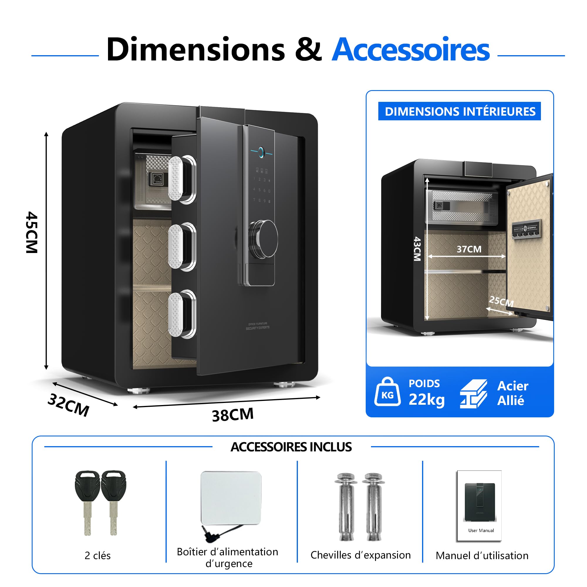 22KG Lourd Coffre Fort en Acier, 52L Coffre-fort Électronique avec Empreinte, Digitale Code et Clé, pour Maison et Bureau, Idéal pour Bijoux, Argent et Documents A4, Notice en Français (Noir,52L)