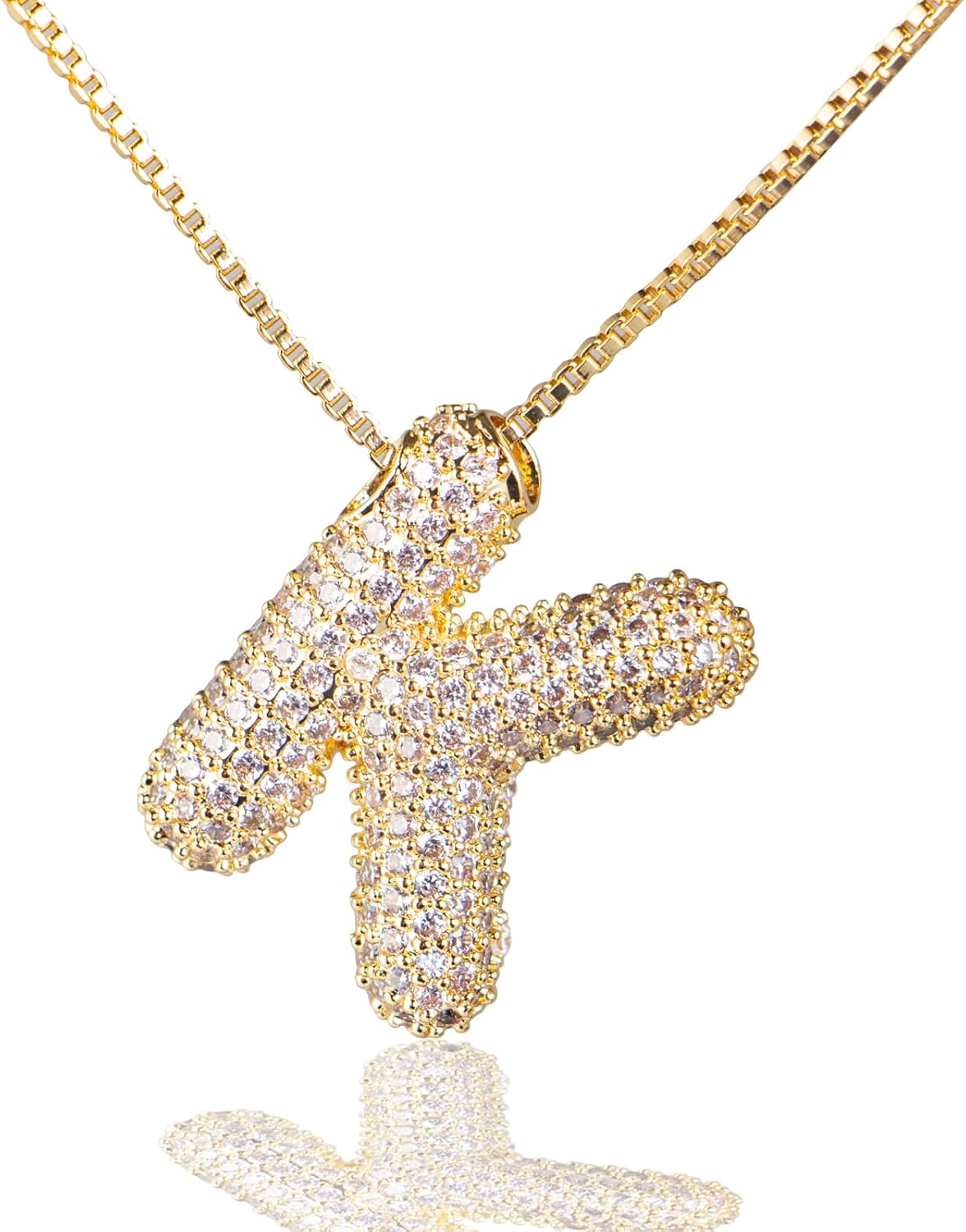 Bubble Letter Initial Necklace Gold for Woman, A-Z Cubic Zirconia Paved Balloon Bubble Initial Alphabet Pendant Necklace Puffy Name Personalized 14K Gold Plated Dainty Jewelry