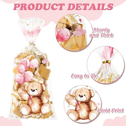 Miniatura 3 de Maitys 100 bolsas de celofán de oso para baby shower, bolsas de plástico para dulces con 100 lazos dorados, bolsas de regalo para revelación de