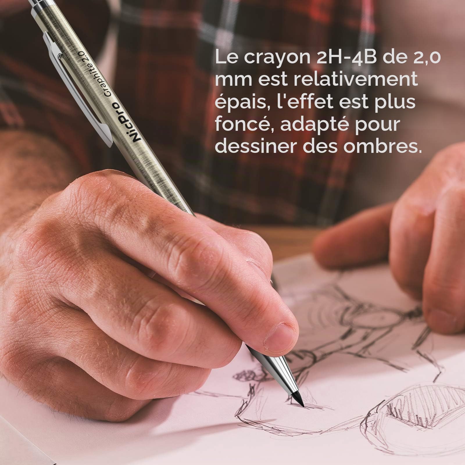 Nicpro 6 Pièces Métal Porte-Mines 0.3, 0.5, 0.7, 0.9, 2mm (4B 2B HB 2H), Art Crayon Mécanique Criterium avec Recharges, Gommes, Taille Crayon, Porte Mine pour Dessin Esquisse illustration Architecture