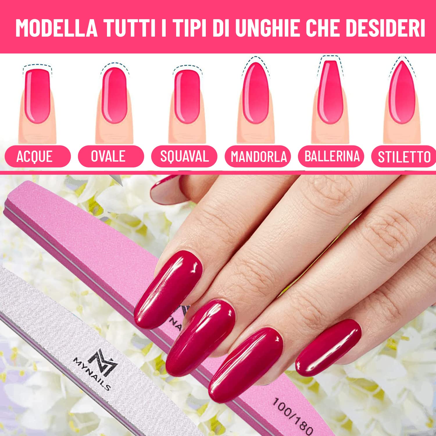 MYNAILS - Lima professionale per unghie, set di 5, 2 lime per unghie mezza luna 100/180, 2 buffer unghie bianche 180/180 e 1 lime per unghie Buffer mezzaluna rosa e bianco 100/180, confezione