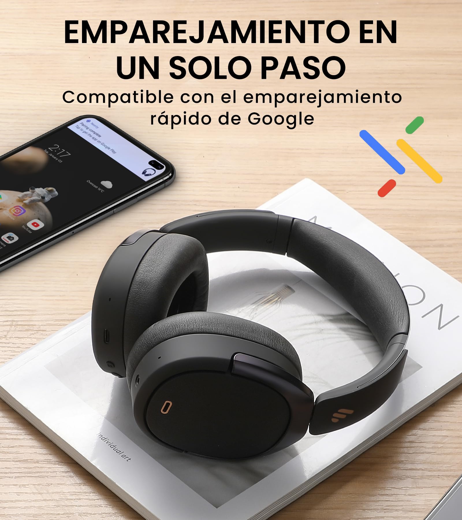 Edifier WH950NB Auriculares con Cancelación Activa del Ruido, Hi-Res Audio, LDAC, Bluetooth 5.3, 55H de Autonomía, Emparejamiento Rápido Google para Android, Conexión para Dos Dispositivos, App, Negro
