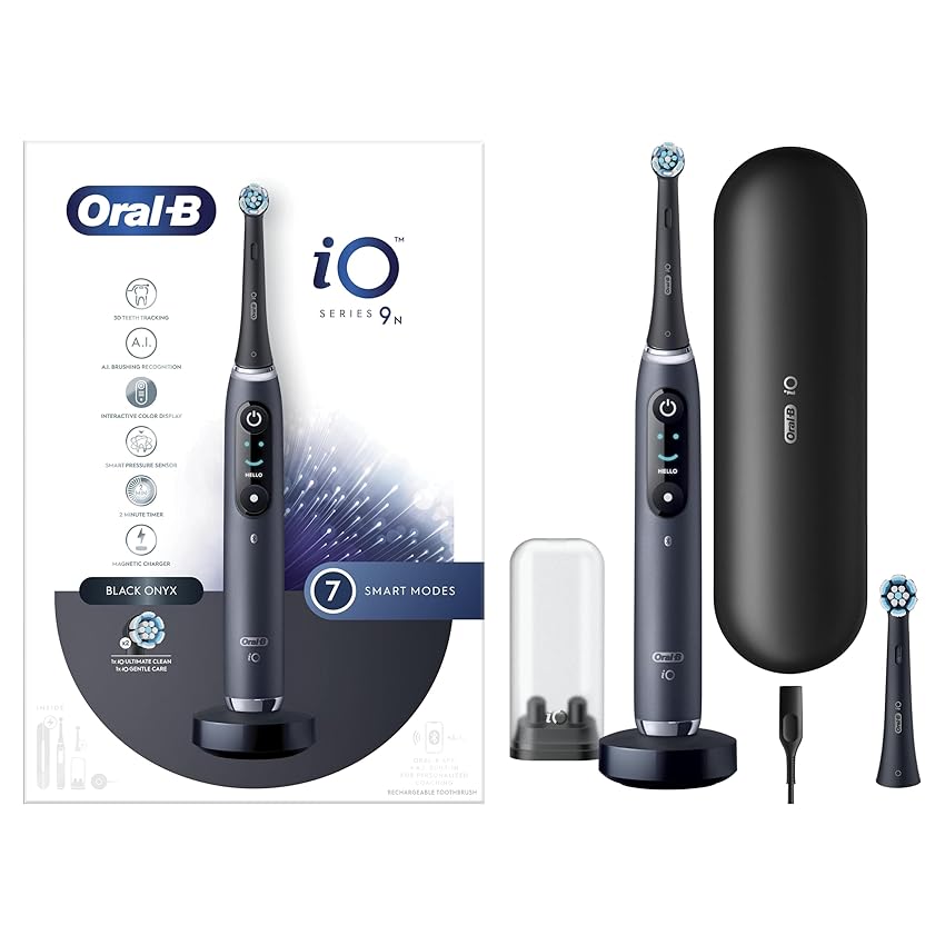 Immagine del prodotto Oral-B Spazzolino Elettrico Ricaricabile iO 9N, Sensore di Pressione, Display Interattivo, A.I. , 7 Modalità, 2 Testine, 1 Spazzolino, 1 Custodia da Viaggio, Nero, Idea Regalo, pacchetto variabile