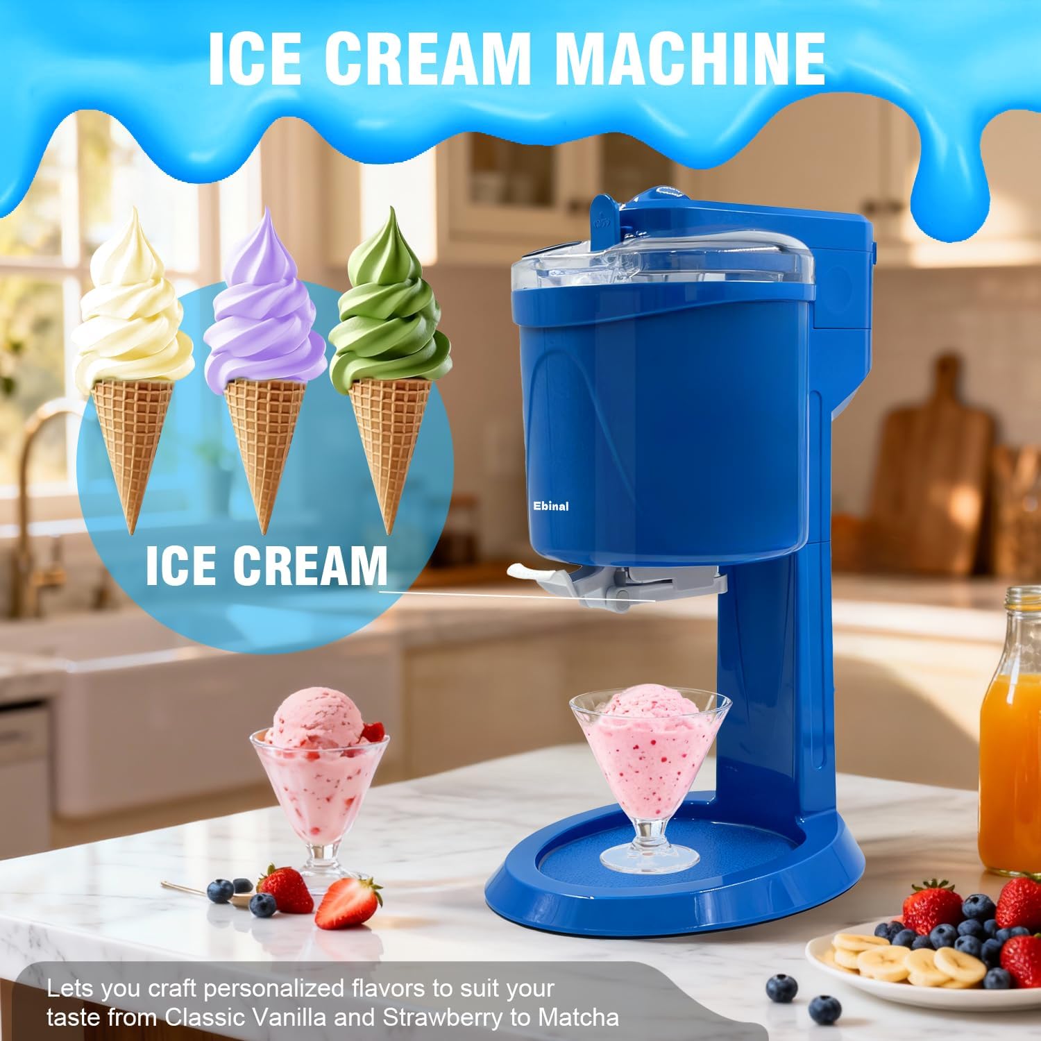 Blue Home Ice Cream Maker, Large Capacity, Automatic Cone Machine for Ice Cream and Sorbet, Includes DIY Sticker Set