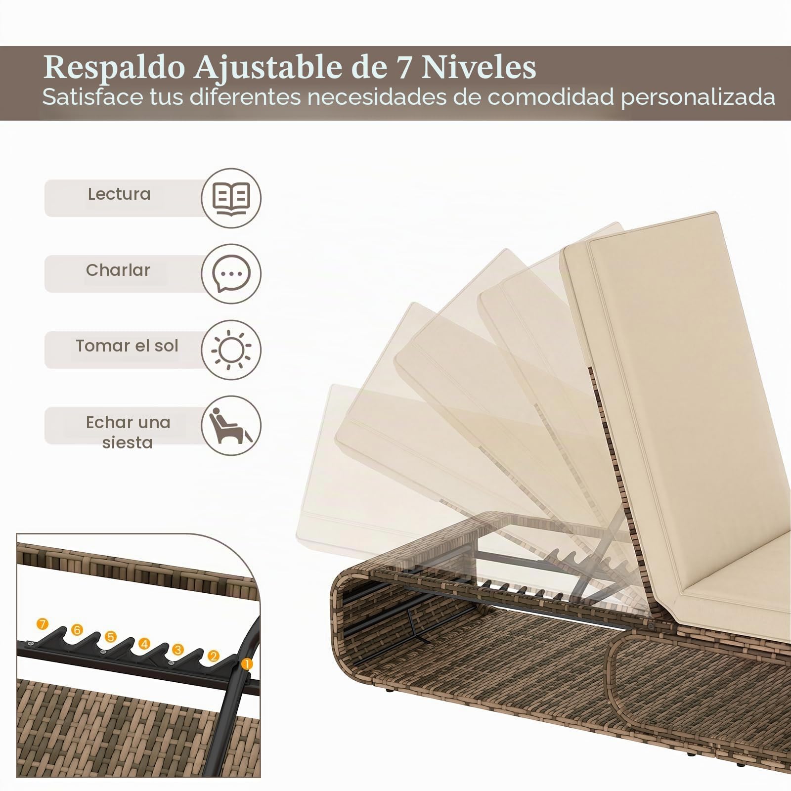 GOPLUS Conjunto de 3 piezas de Muebles, Sombrilla Paja Inclinable 2,2 M, Tumbona Jardin de Ratan Reclinable en 7 Posiciones, Base Sombrilla de HDPE para Mástiles de 33/39/48/55 mm (1, amarillo, Ratán)