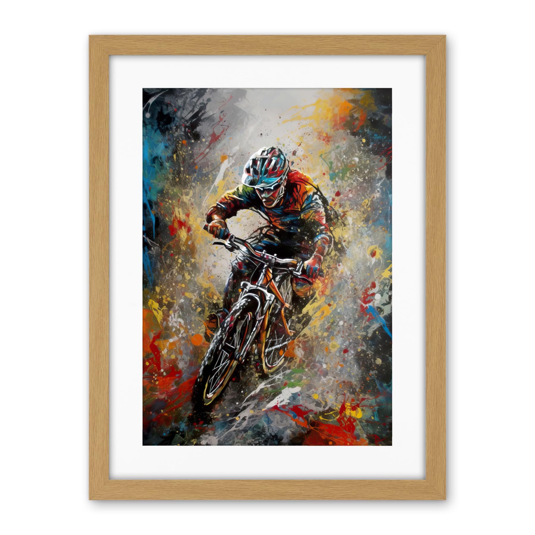 Artery8 Mountain Biker Paint Splat Action Shot Portrait Artwork Framed Wall Art Print 18X24 Inch