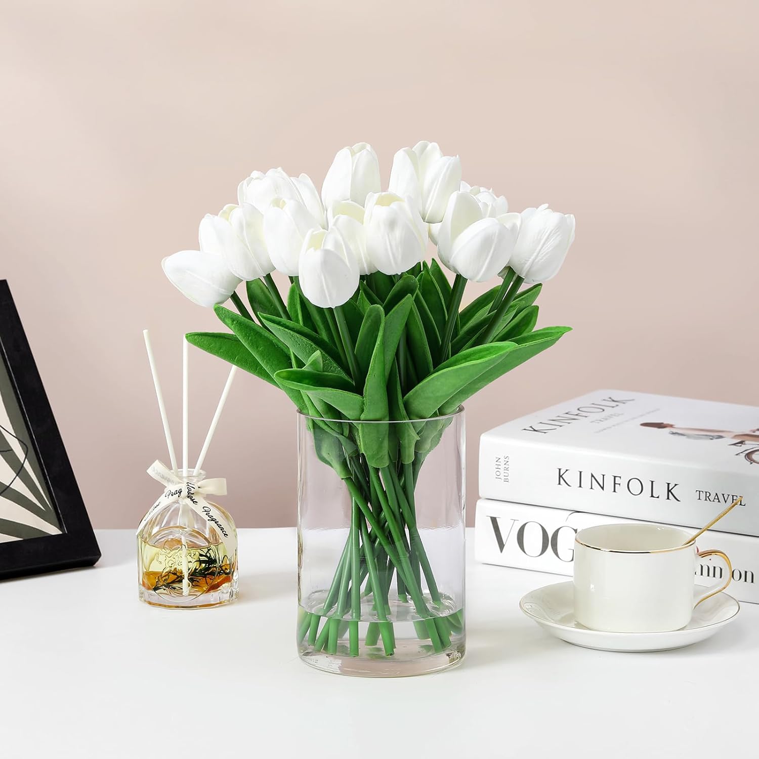 20 PCS Real Touch Tulips Artificial Flowers in Vase, Tulips Fake Flowers with Vase and Fake Water for Home Decor, Dining Table (White) - Image 2