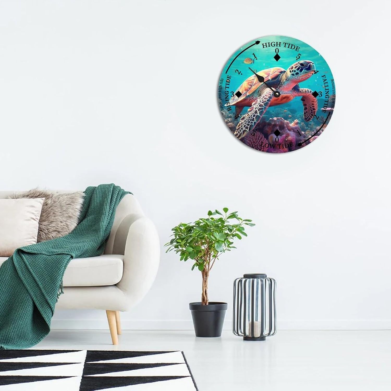 Sea Turtle Wood Tidal Clock Ocean Time Maritime Coastal Beach High Tide Low Tide Clock Rustic Wooden Nautical Tide Movement Vintage Decor for Beach House Kitchen Wall Art 15x15 in