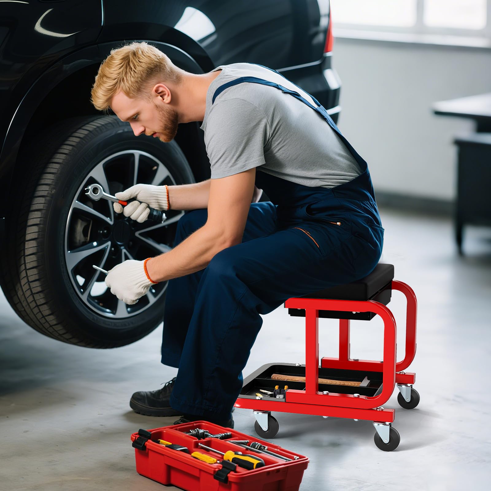 COSTWAY Taburete de Taller con Ruedas, Taburete Mecánico Acolchado con Cajón, Bandeja para Herramientas, Capacidad de Carga de 185 kg, Asiento Giratorio para Garaje, Reparación de Automóviles (Negro)