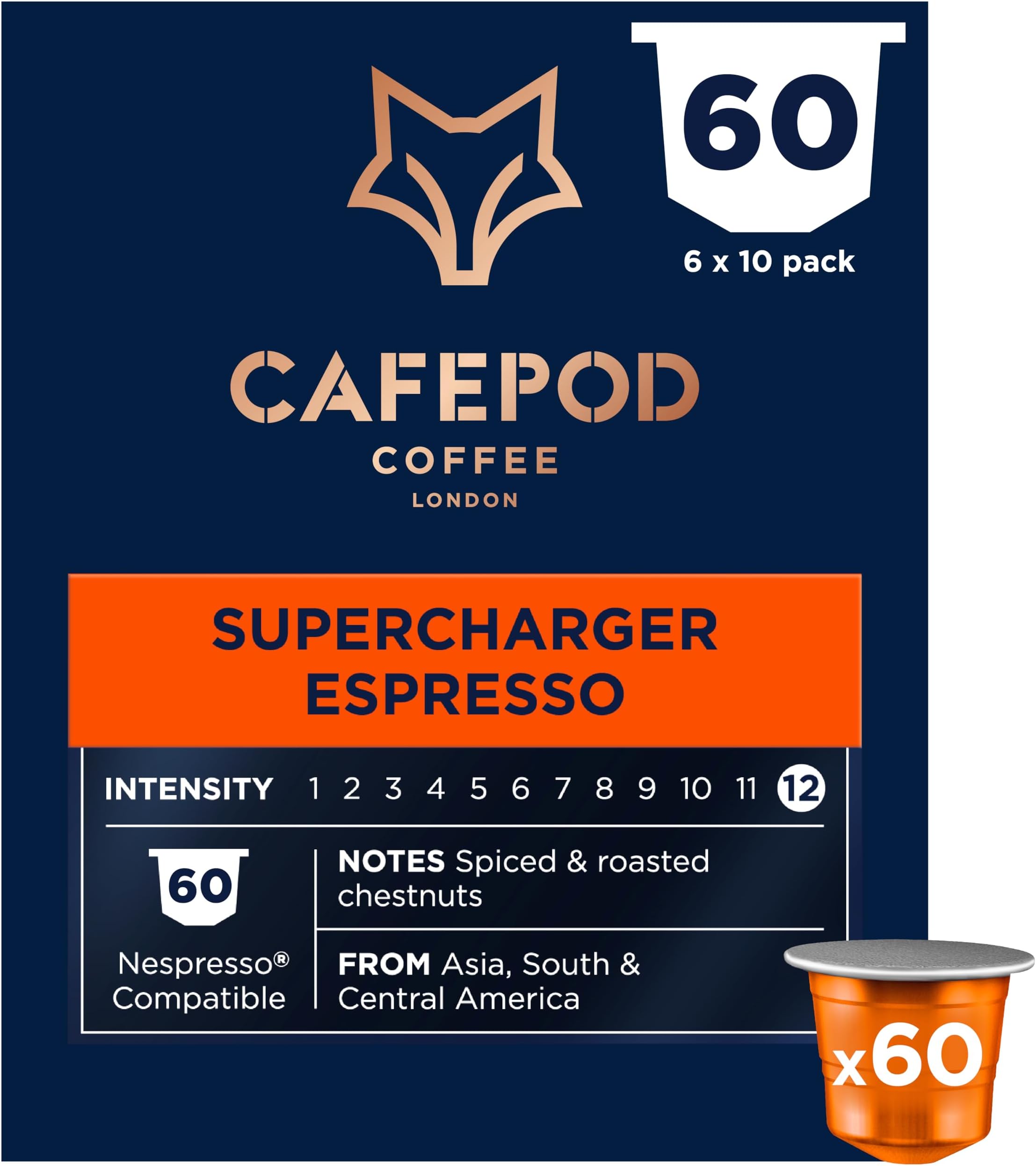 Espresso Coffee Pods - Compatible with Nespresso Coffee Machine, Intensity 12 with Rich Caramelised Chestnut Notes - Rainforest Alliance Sourced - Supercharger Espresso 60 Capsules