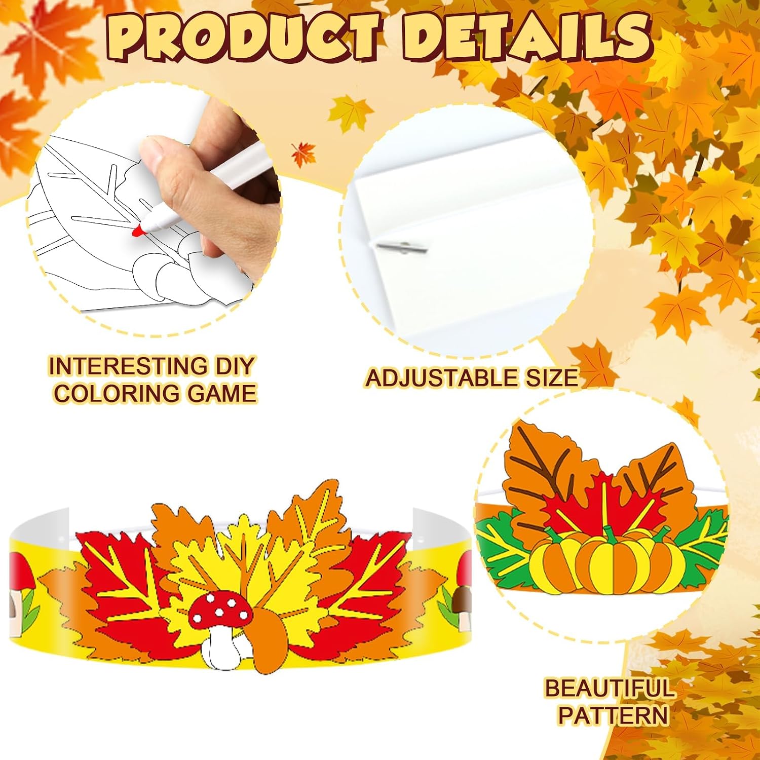 Qyeahkj 24 Pcs Coloring Fall Leaves Headbands Craft Kits Color Your Own Maple Leaves Paper Hat DIY Crown Arts Craft Adjustable Autumn Hair Accessories for Thanksgiving Activity Party Supplies image 3