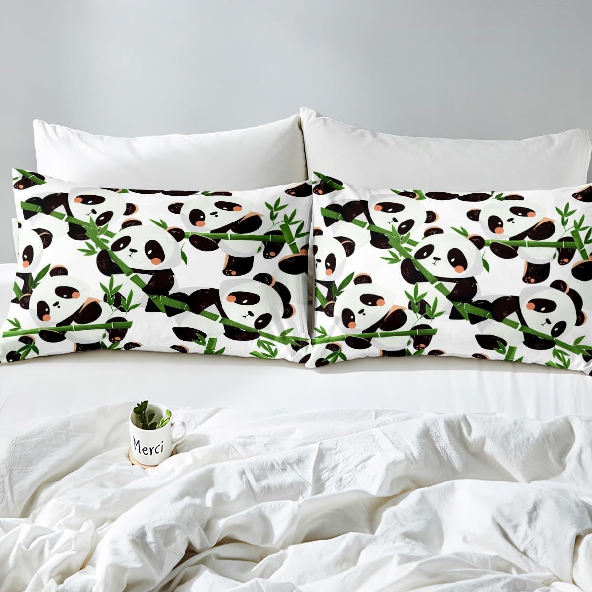 Kids Cartoon Panda Bedding Set Cute Animal Duvet Cover for Boys Bedroom Decor Kawaii Panda Comforter Cover Set Green Banboo Panda Bear Printed White Bedspread Cover Queen Size With 2 Pillow Case