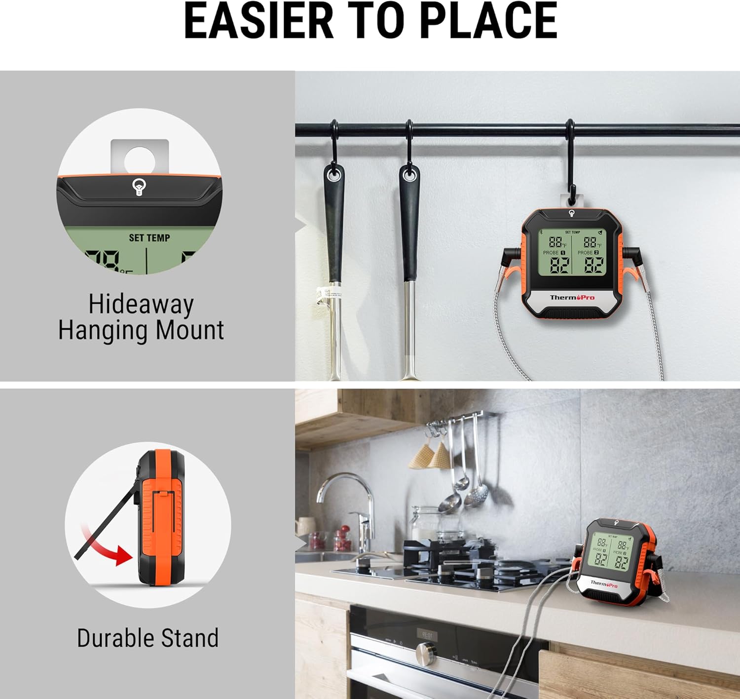 Two images showing the ThermoPro thermometer unit: one demonstrating its hideaway hanging mount on a kitchen utensil rack, and another showing its durable stand on a kitchen counter.
