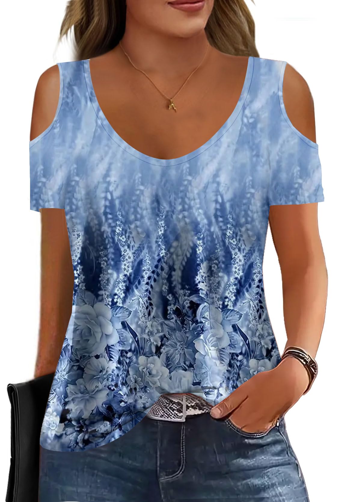 Soesdemo Women Summer Tops Scoop Neck Cold Shoulder Short Sleeve 2024 Loose Fit Basic Tee Shirts